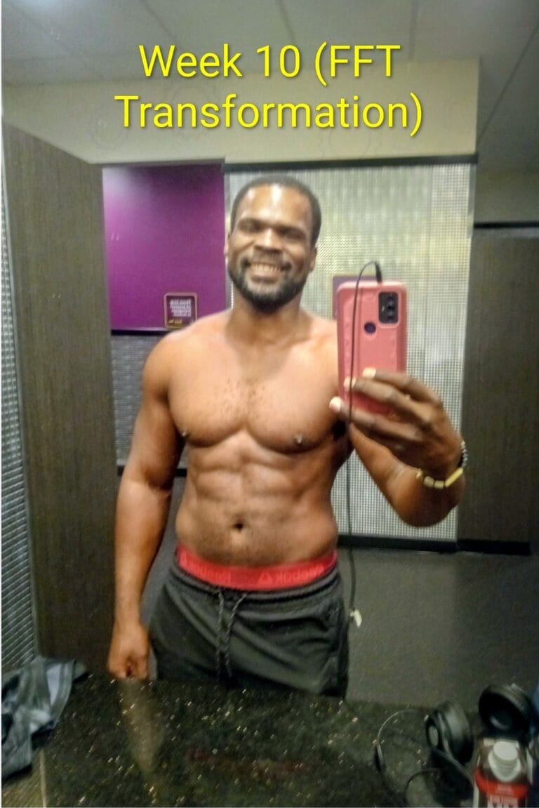 Frederick Laster Week 10 fitness progress photo showing leaner physique and visible discipline results from the Fit & Free Token training program