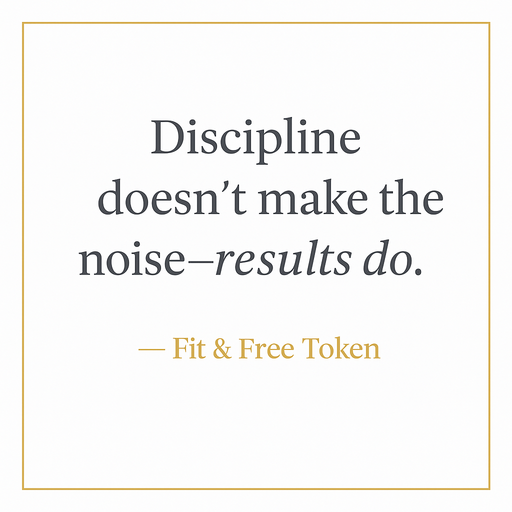 Motivational quote image reading 'Discipline doesn’t make the noise—results do.' with thin gold border and Fit & Free Token credit line.