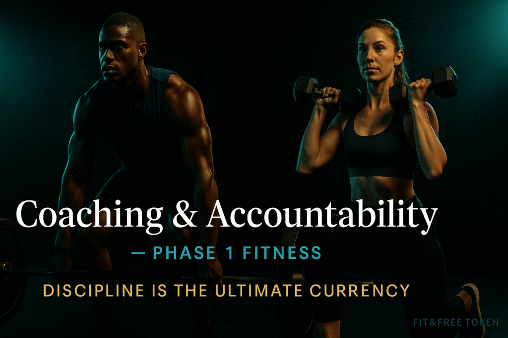 Black male and white female athletes training in a gym with teal and gold lighting, representing discipline and transformation for Fit & Free Token.