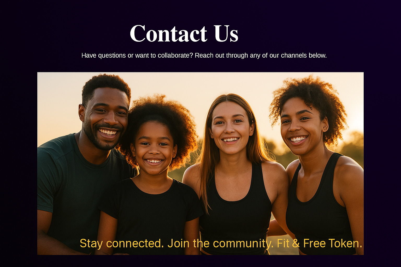 A diverse group of smiling people standing together outdoors at sunset, representing community, connection, and belonging for the Fit & Free Token brand.