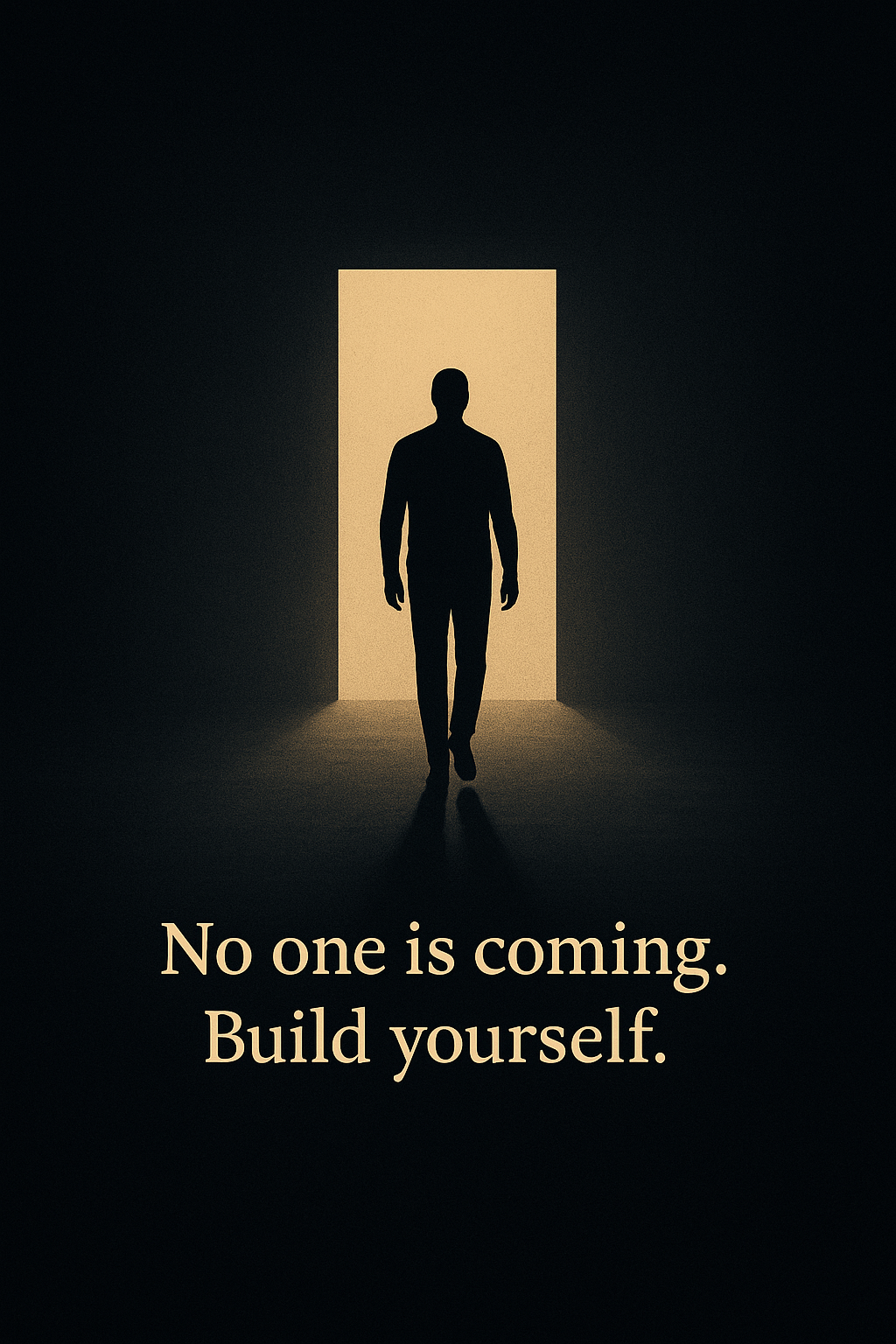 motivational quote graphic for fit and free token week 18 reading No one is coming. Build yourself with silhouette walking into light