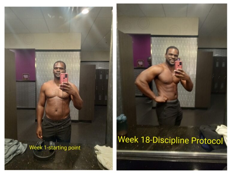 fit and free token week 18 transformation showing Week 1 starting point compared to Week 18 Discipline Protocol progress