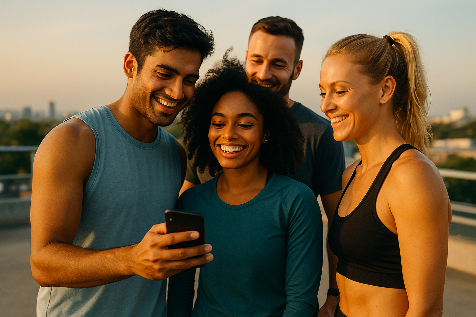 Friends on a rooftop celebrating fitness progress, symbolizing the Fit & Free Token community.