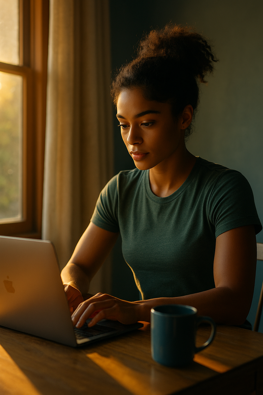 A young woman working at sunrise, symbolizing creative discipline within the Fit & Free Token lifestyle.