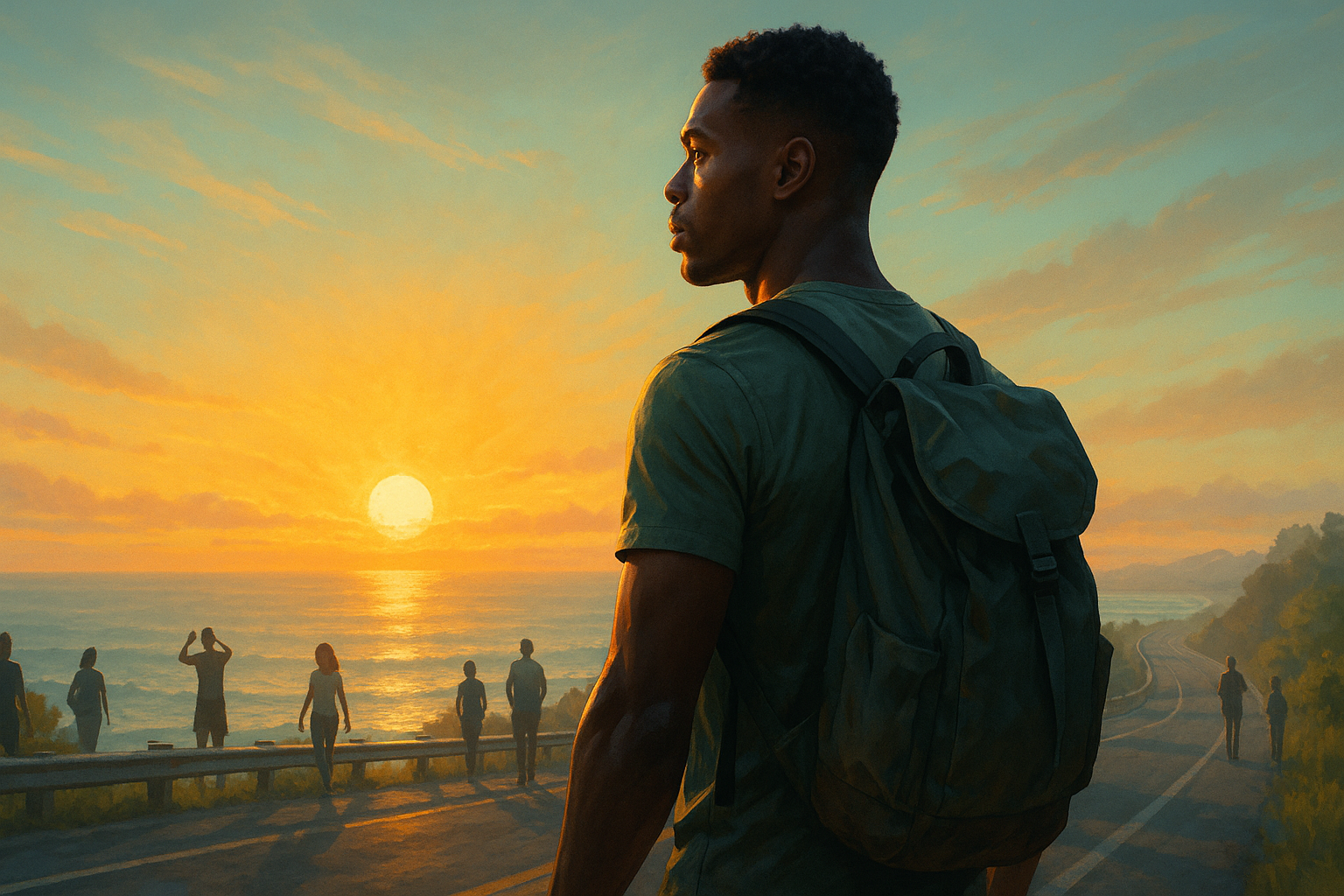 A young man with a backpack looks toward the sunrise over the ocean, symbolizing personal transformation and new beginnings.