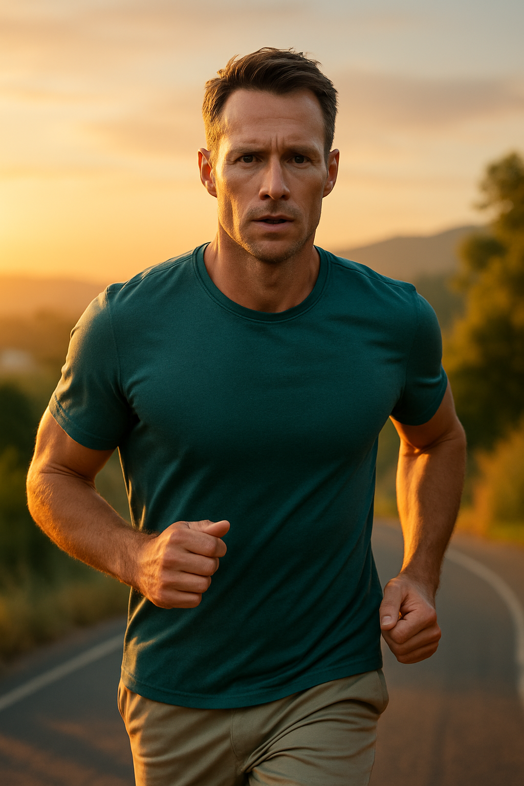 A man at sunrise overlooking a glowing city, symbolizing new beginnings with Fit & Free Token.