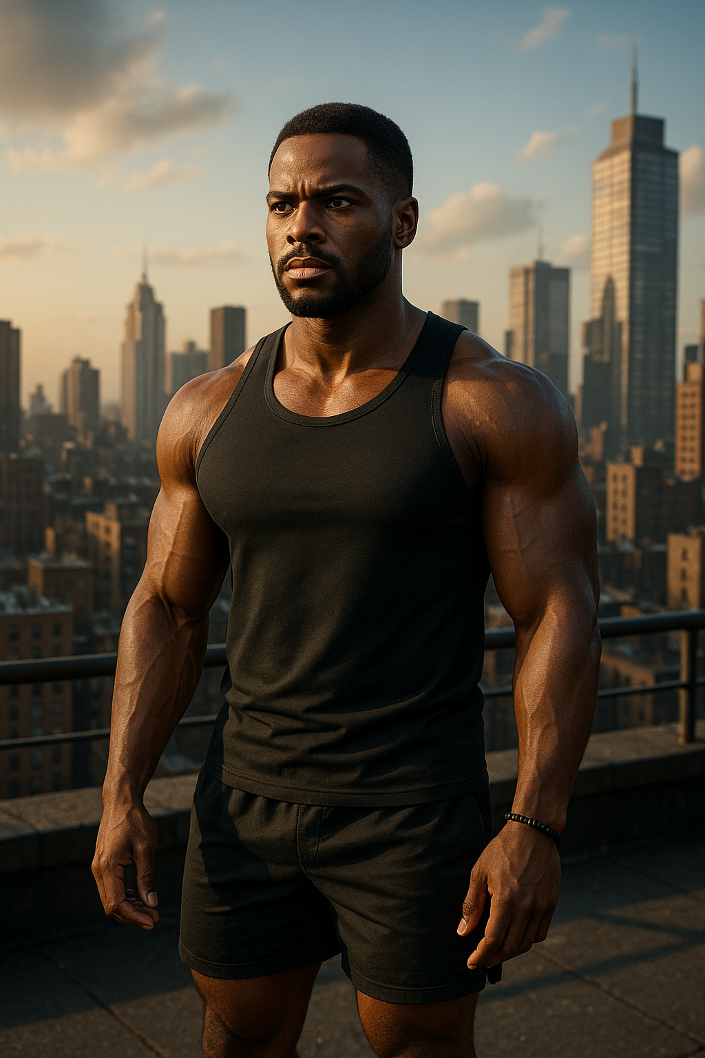 Cinematic AI fitness scene in Mérida, Yucatán — sunrise over cityscape.