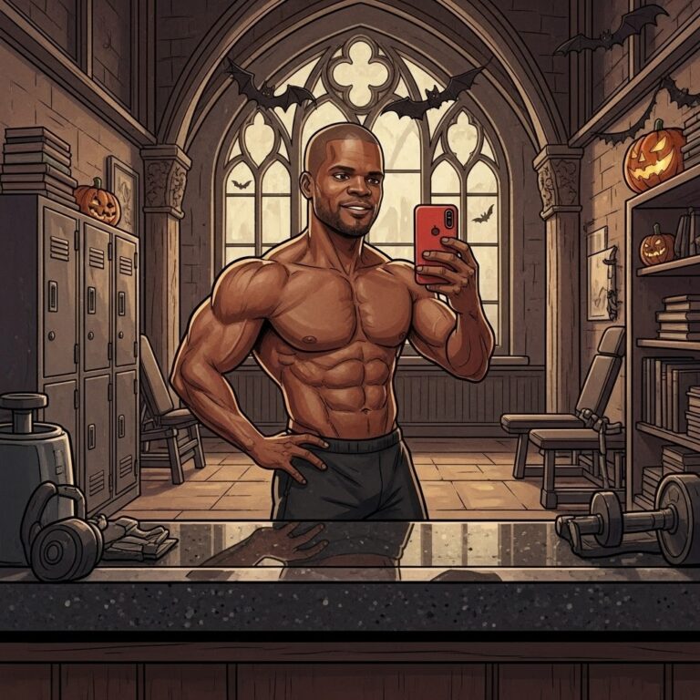 Illustration of a muscular man taking a progress photo in a gothic-style gym setting, representing the 2026 Discipline Protocol New Era transformation.