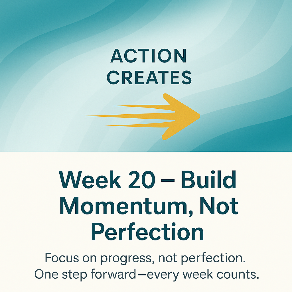 Abstract momentum graphic with arrow symbolizing progress, featuring the text Action Creates and Week 20 Build Momentum Not Perfection from Fit & Free Token